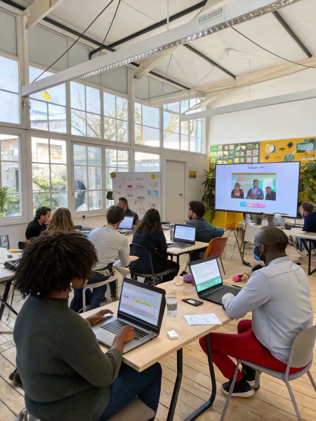 A diverse group of South African entrepreneurs collaborating in a co-working space, brainstorming business ideas and strategies, with a focus on innovation and growth.