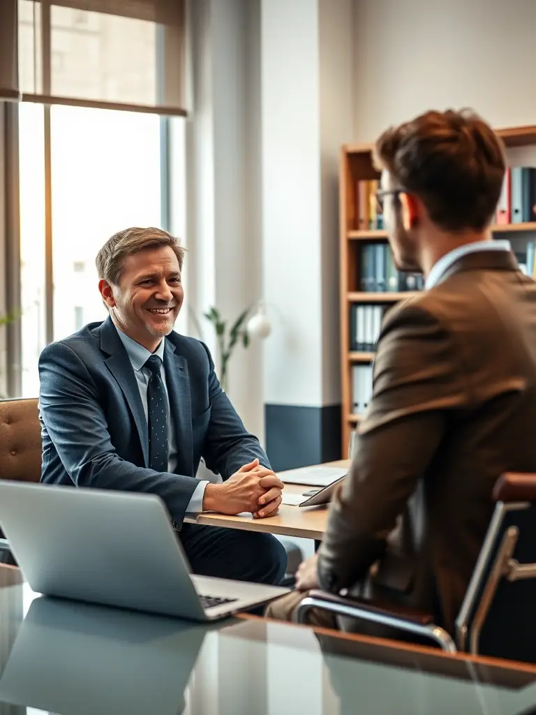 A professional South African business coach in a modern office setting, mentoring a young professional on leadership skills, with Johannesburg skyline visible through the window.